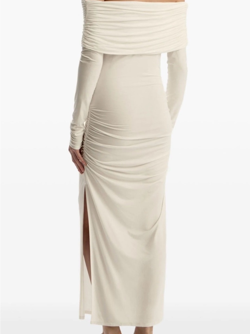 Off-Shoulder Ruched Ivory Maxi Dress - Picture 5 of 7